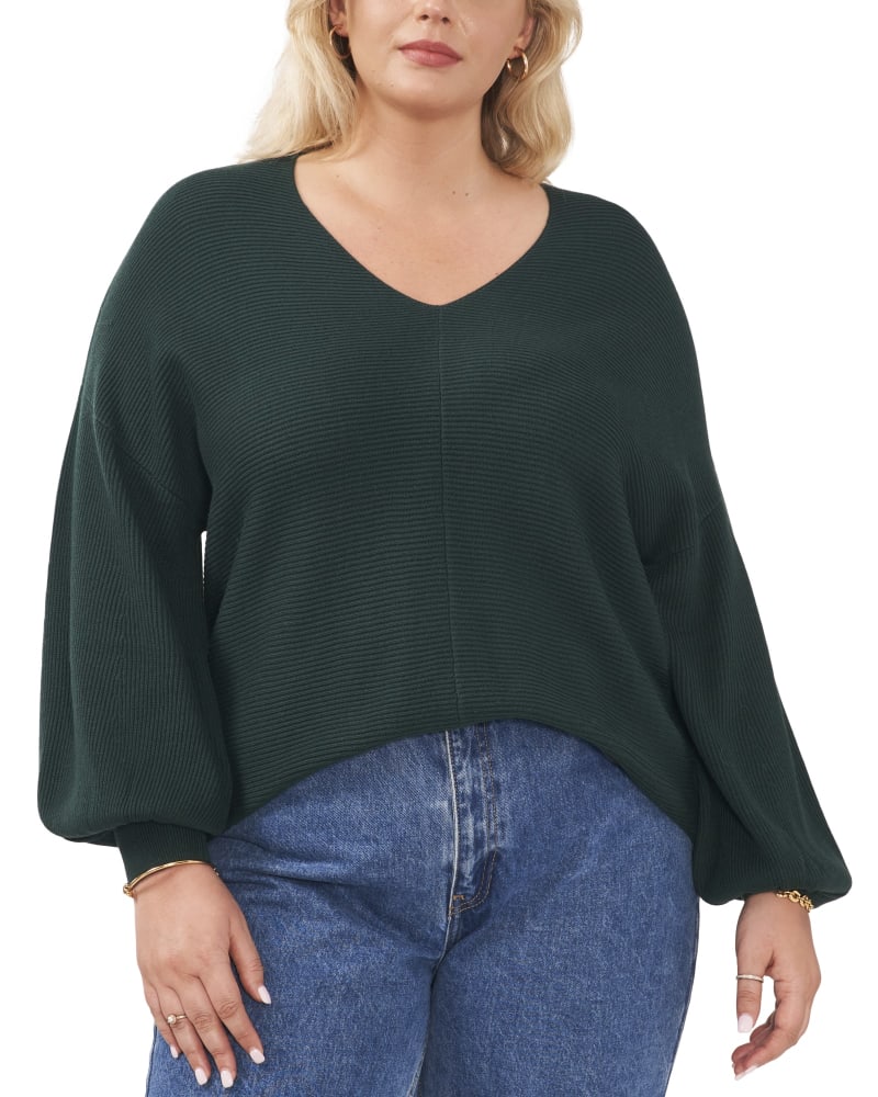 Front of a model wearing a size 0X Harlow Bubble Sleeve Sweater in PINE GREEN by 1.State. | dia_product_style_image_id:262475